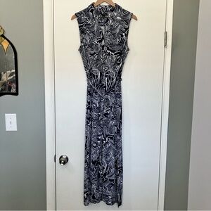 Talbot's Maxi Button Up Sleeveless Dress Navy and White Floral Print Size Large